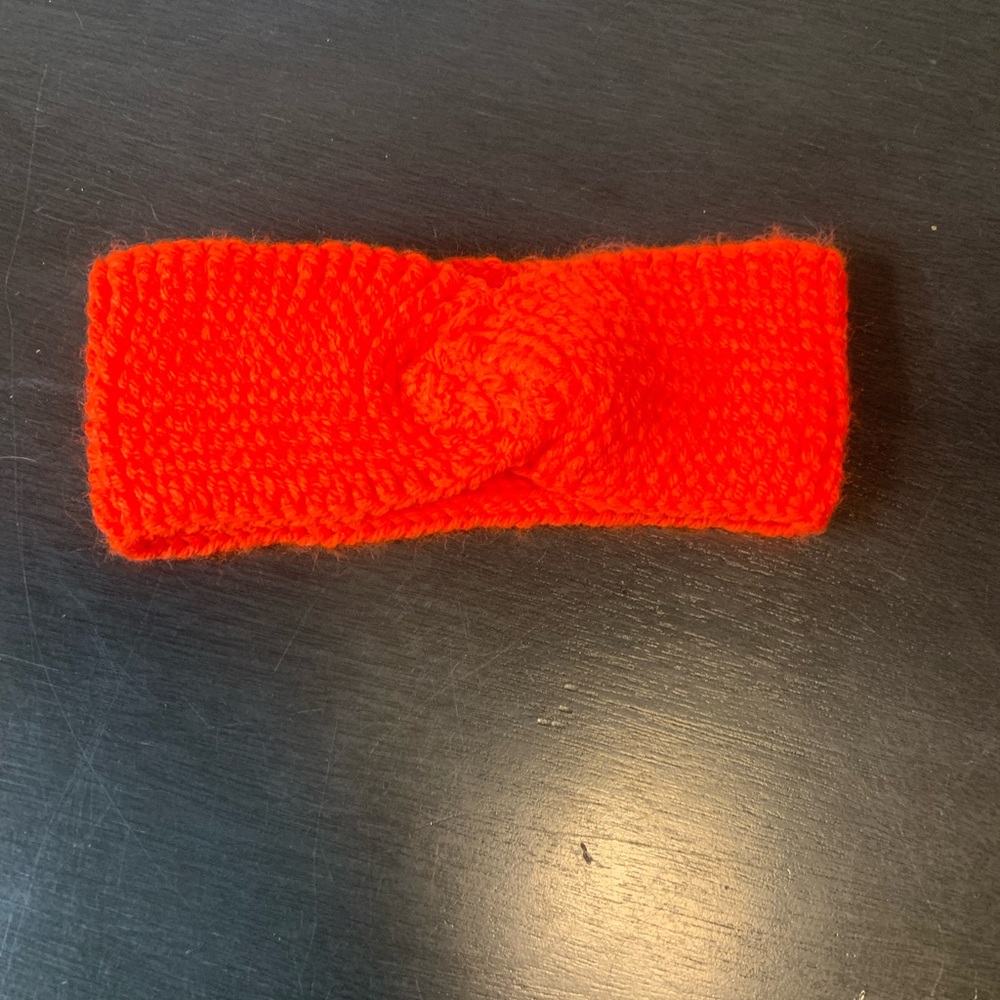 Hand Knit Red Small Headband With Decorative Twist Knot